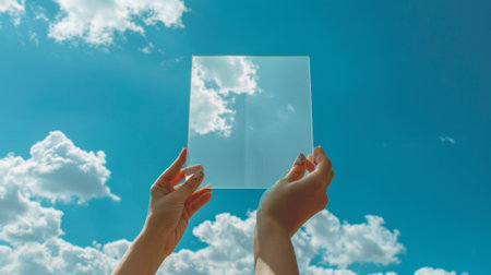 A person holding a square of glass in the air with clouds, AIの素材