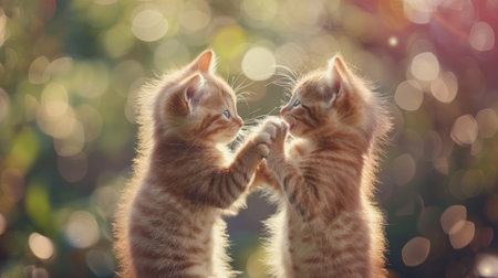 Two kittens are playing with each other in front of a blurred background, AIの素材
