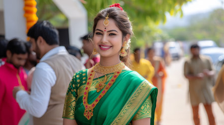 A woman in a green sari smiling for the camera, AIの素材