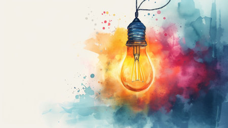 A light bulb hanging from a string with colorful paint splatters, AIの素材