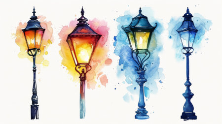 A set of three street lamps painted in watercolor style, AIの素材
