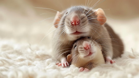 A close up of two rats laying on a fluffy white blanket, AIの素材