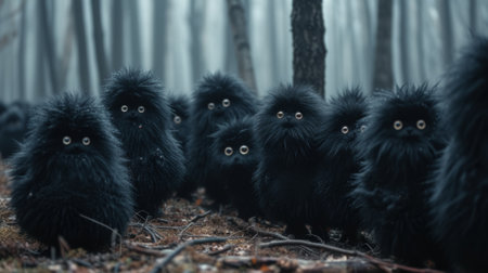 A group of black fuzzy creatures with big eyes standing in a forest, AIの素材