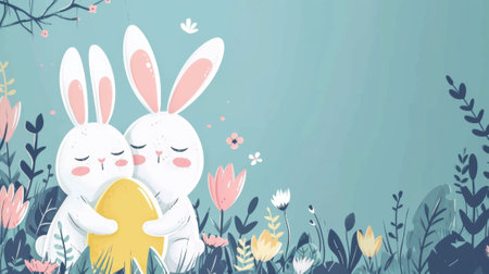 Two white rabbits hugging each other with an egg in their hands, AIの素材