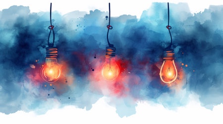 Three light bulbs hanging from a blue and red watercolor painting, AIの素材