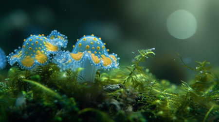 Two blue and yellow mushrooms growing in a green mossy area, AIの素材