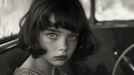 A black and white photo of a young girl sitting in the back seat, AIの素材