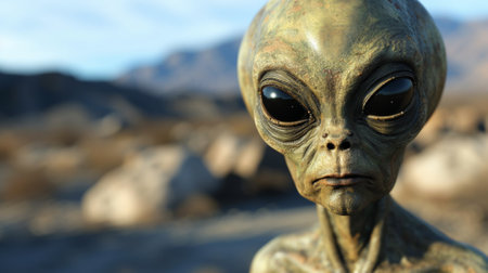 A close up of a green alien with big eyes and no mouth, AIの素材