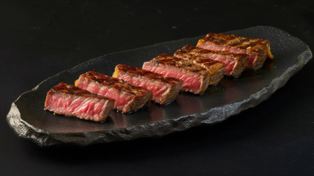 A black stone plate with a piece of meat on it, AIの素材