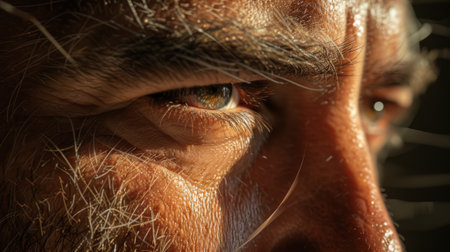 A close up of a mans face with hair growing out, AIの素材