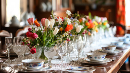 A table with a vase of flowers and plates on it, AIの素材