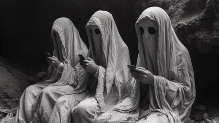 Three women in white robes sitting on the ground looking at their cell phones, AIの素材