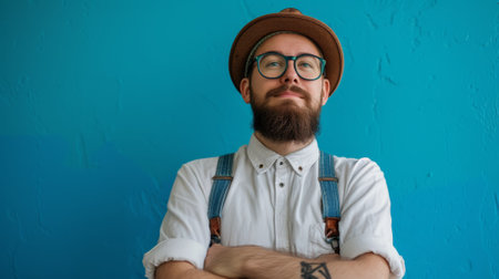 A man with a beard and glasses standing against the wall, AIの素材