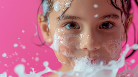 A close up of a young girl with soap in her mouth, AIの素材