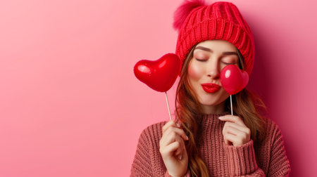 A woman in a red hat holding two heart shaped lollipops, AIの素材