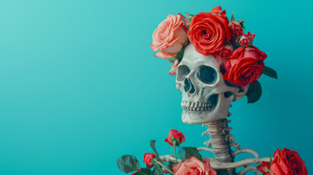 A skeleton with a bunch of flowers on its head, AIの素材