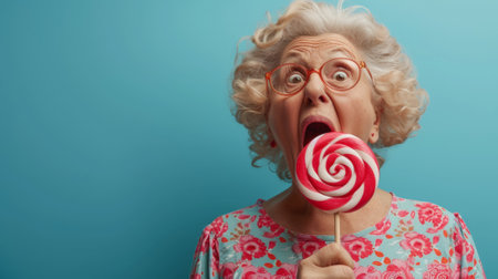 An older woman with glasses holding a lollipop in her mouth, AIの素材