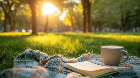 A cup of coffee and book on blanket in park, AIの素材