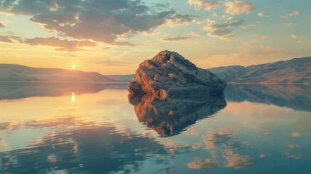 A rock in the middle of a lake at sunset, AIの素材