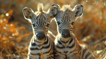 Two zebra are sitting next to each other in the grass, AIの素材