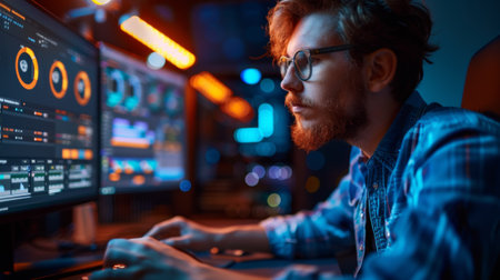 A man with glasses sitting at a computer screen, AIの素材