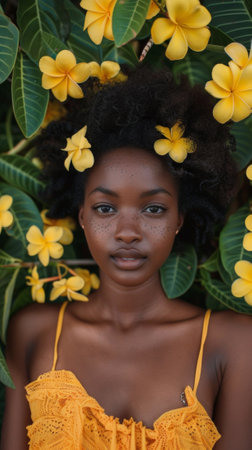 A woman in a yellow dress surrounded by flowers, AIの素材