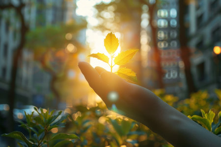 A person holding a small leaf in their hand with city lights behind them, AIの素材