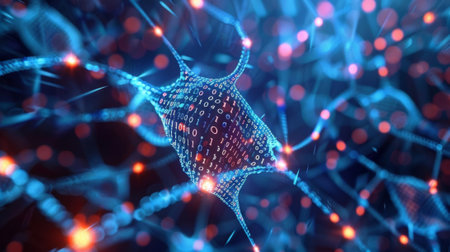 A computer generated image of a neuron with dots, AIの素材
