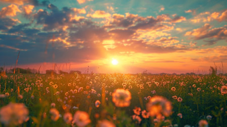 A field of flowers with the sun setting in the background, AIの素材
