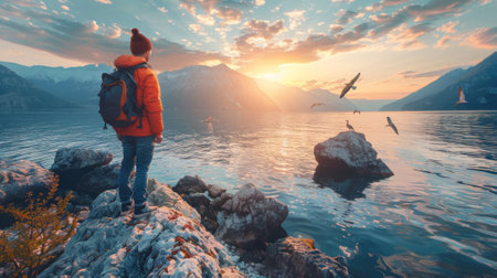 A person standing on a rock looking at the water, AIの素材