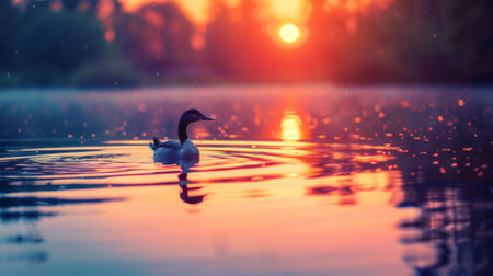 A duck swimming in a lake at sunset with the sun setting behind it, AIの素材
