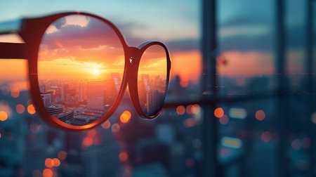 A pair of glasses with a city in the background and sun setting, AIの素材