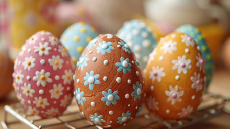 A group of easter decorated eggs are lined up on a rack, AIの素材