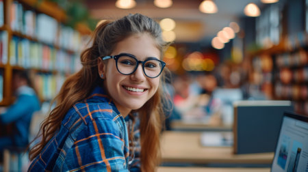 A woman in glasses smiling while sitting at a table with books, AIの素材