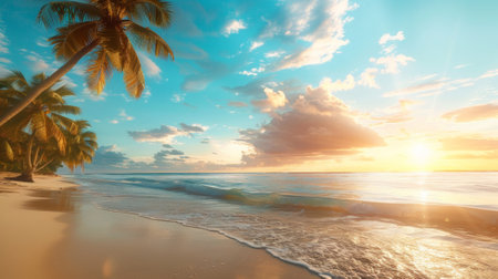 A beach with a palm tree and the ocean in front of it, AIの素材