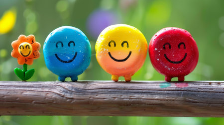 Three colorful rocks are sitting on a wooden stick with one smiling, AIの素材