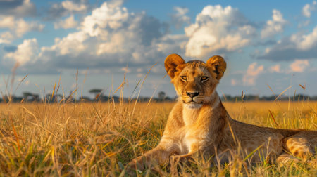 A lion cub laying in a field of tall grass with clouds and sky, AIの素材