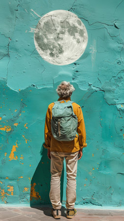 A man with a backpack standing in front of painted wall, AIの素材
