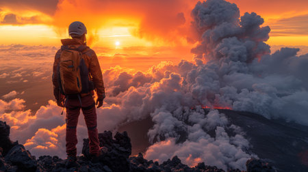 A man standing on top of a mountain looking at the sky, AIの素材