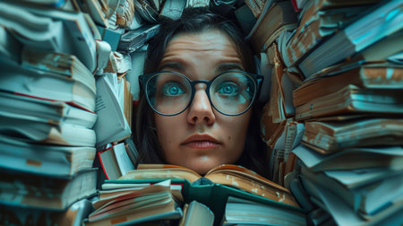 A woman with glasses in a pile of books, AIの素材
