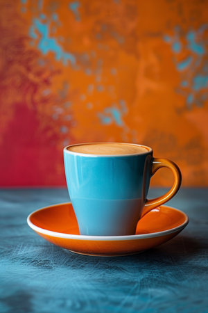 A cup of coffee on saucer with orange rim and blue background, AIの素材