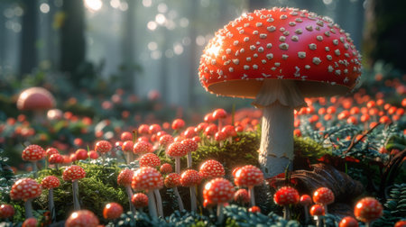 A large red mushroom surrounded by many small mushrooms in a forest, AIの素材