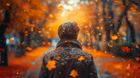 A man walking down a path with leaves falling from trees, AIの素材