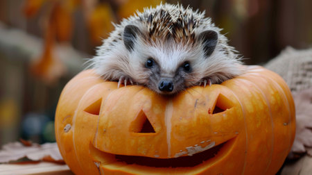 A hedgehog sitting in a pumpkin carving on top of the table, AIの素材