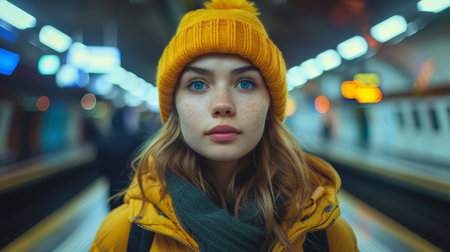 A woman in a yellow hat and jacket standing at the train station, AIの素材