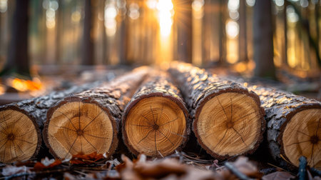 A group of tree trunks sitting in a forest with the sun shining through, AIの素材