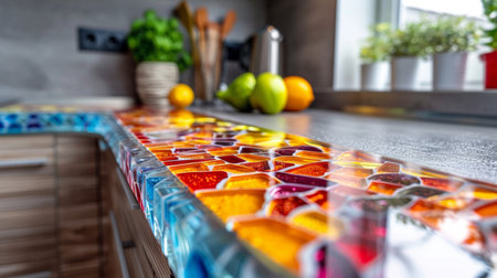 A colorful glass counter top with a variety of fruits on it, AIの素材