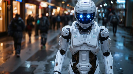 A robot with glowing eyes walking down a city street, AIの素材