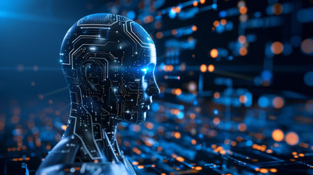 A futuristic image of a robot head with glowing lights, AIの素材