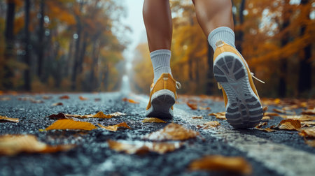 A person wearing yellow and white sneakers walking on a road with leaves, AIの素材